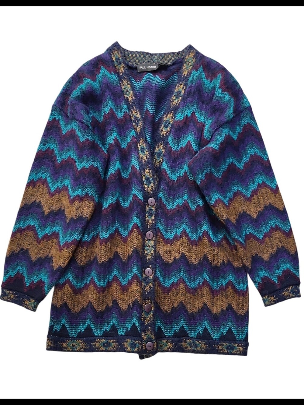Paul Harris Vintage Wool Mohair Long Cardigan Sweater Multi Flamestitch Large